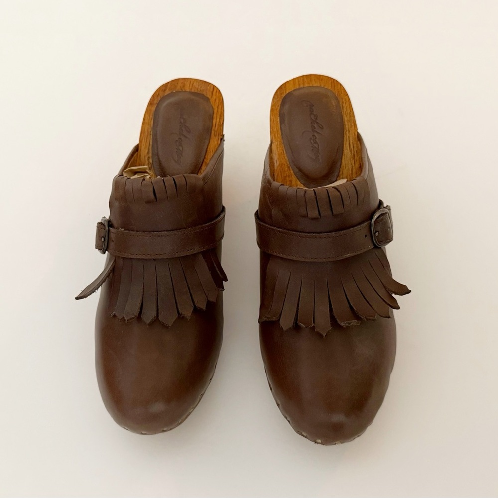 RACHEL COMEY BROWN LEATHER FRINGE WOOD HEEL CLOGS MULES - Picture 4 of 15